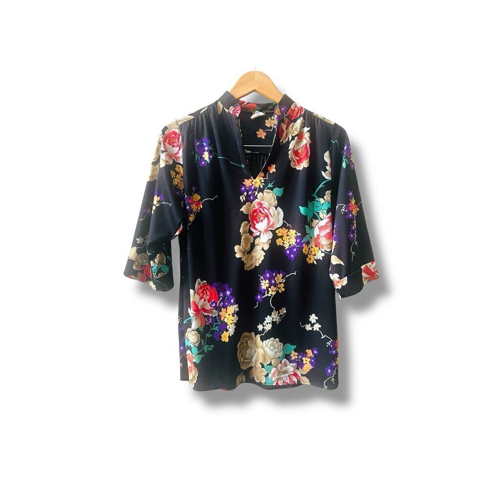 Vintage Jane Holly Blouse Sz 10 Black Multi-color Flowers V-Neck USA Union Made‎